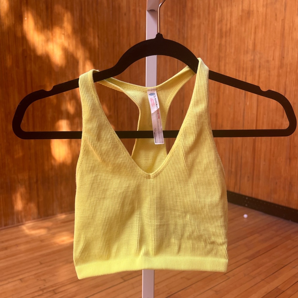FP Movement by Free People Light Yellow Ribbed V-Neck Top